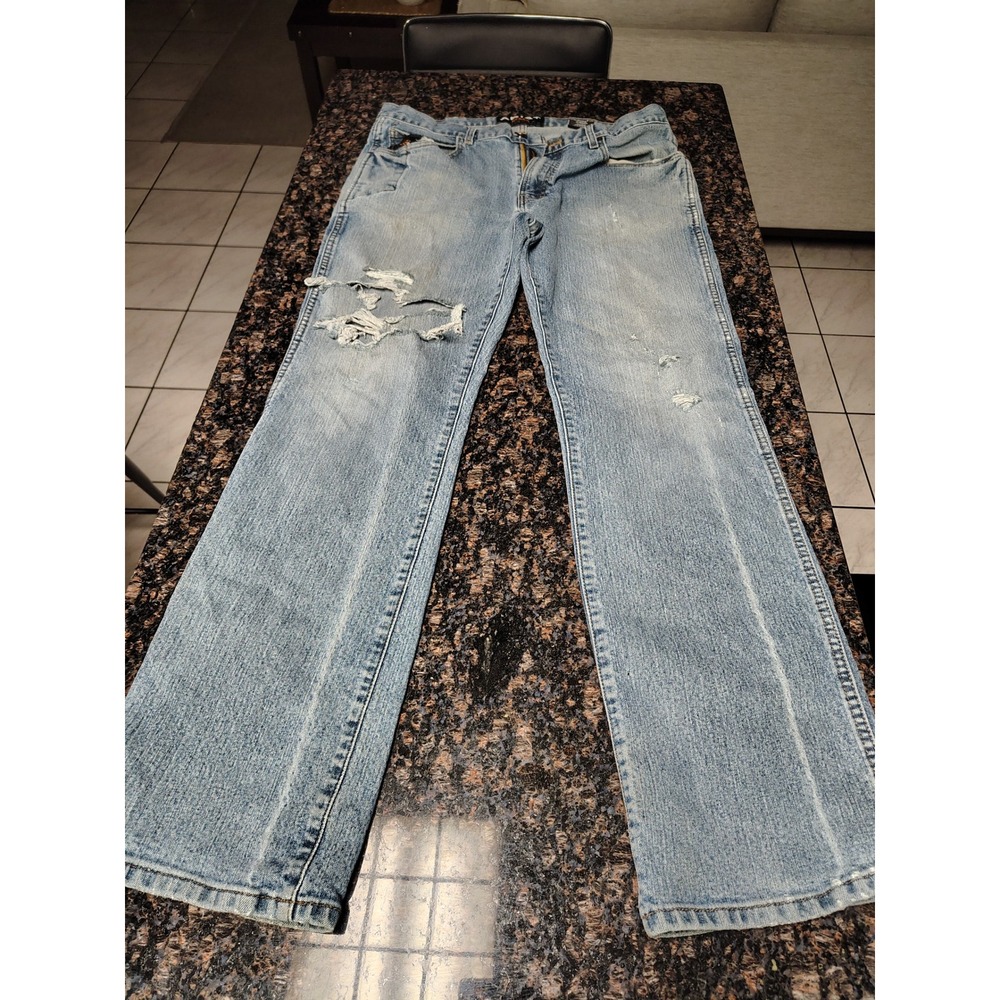 Ariat Rebar M4 Low Rise Boot Cut Jeans Mens 35x34 Light Wash Distressed Denim